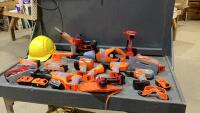 BOX OF BATTERY OPERATED SHOP TOYS - DRILLS, SAWS, NAILERS