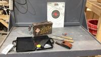 TARGETS, AMMO BOX, CASE WITH KNIVES + SHARPENING STONE