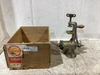 WOODEN CRATE W/ MEAT GRINDER