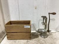 WOODEN CRATE W/ MEAT GRINDER