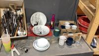 (3)BOXES - COFFEE MUGS, PLATES, KITCHEN UTENSILS, CANDLE, WATER BOTTLE