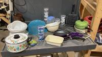 CAMPING ITEMS - FRYPANS, WAFFLE MAKER, POTS, PLASTIC GLASSES