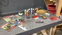 BOX W/ACRYLIC PAINTS, STAPLES, PLASTIC MODEL DUCK, MISC BOOKS