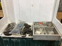 WOODEN BOX OF SHOP W/ MIXED CHAINS & LINKS