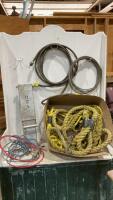 BOX W/ YELLOW NYLON ROPE & TOW ROPE, EXTENSION CORDS, CABLE