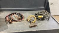 BOX W/BOOSTER CABLES, EXTENSION CORD + SHORT MULTI OUTLET CORD
