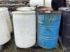 (2) METAL BARRELS & (2) PLASTIC BARRELS - 2