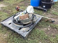 PALLET OF MISCELLANEOUS W/ HUSQVARNA STRING TRIMMER, BOLTS & FUEL PUMP