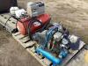 PALLET OF MISCELLANEOUS W/ (2) AIR COMPRESSORS, CHAINS, FIBERGLASS REPAIR KIT, BLACK & DECKER PLUNGE ROUTER - 13