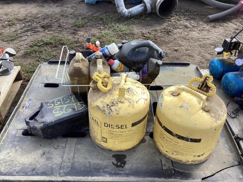 PALLET W/ (2) DIESEL FUEL CANS & MIXED LIQUIDS, OILS & MISCELLANEOUS