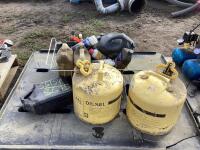 PALLET W/ (2) DIESEL FUEL CANS & MIXED LIQUIDS, OILS & MISCELLANEOUS