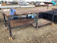 4-WHEEL WORK SHOP TABLE 96.5" X 36" W/ BENCH VISE & HOOKS