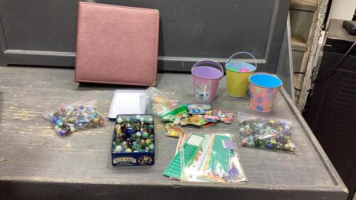 BOX W/ MARBLES, EASTER PAILS, MAGNETIC ANIMAL CARDBOARD CUT OUTS