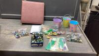 BOX W/ MARBLES, EASTER PAILS, MAGNETIC ANIMAL CARDBOARD CUT OUTS
