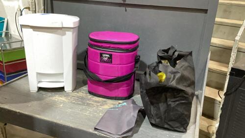 WHITE FLIP TOP GARBAGE CAN, THERMOS SOFT COOLER BAG