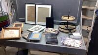 BOX W/ASSORTED FRAMES, DVD&rsquo;S, 2-TIER STAND, THERMOSTAT