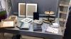BOX W/ASSORTED FRAMES, DVD&rsquo;S, 2-TIER STAND, THERMOSTAT