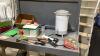 COFFEE PERCOLATOR + BOX W/ TUPPERWARE SPICE CAROSEL + SPICES,