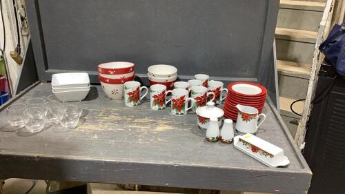 CHRISTMAS DISHES - CREAM,SUGAR, BUTTER, S+P, SMALL PLATES, MUGS, BOWLS