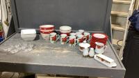 CHRISTMAS DISHES - CREAM,SUGAR, BUTTER, S+P, SMALL PLATES, MUGS, BOWLS