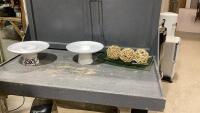 DECORATIVE GREEN TRAY W/DECOR, DESSERT FONDUE PEDESTAL, RAISED SERVING PLATE