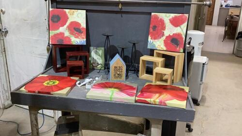 BOX W/(2)SETS OF FLOATING SHELVES, VIBRANT FLORAL PICTURES, METAL CANDLE HOLDERS