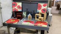 BOX W/(2)SETS OF FLOATING SHELVES, VIBRANT FLORAL PICTURES, METAL CANDLE HOLDERS