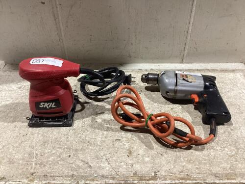 SHOP FLAT OF CORDED TOOLS W/ SKIL PALM SANDER & B-D DRILL