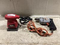 SHOP FLAT OF CORDED TOOLS W/ SKIL PALM SANDER & B-D DRILL