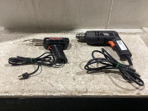 SHOP FLAT OF CORDED TOOLS W/ WELLER SOLDERING GUN & B-D DRILL