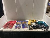 (2) SHOP FLATS W/ (2) 4PCS FIRMER CHISEL SETS, 8PCS NEEDLE FILES & (2) CORDED DRILLS