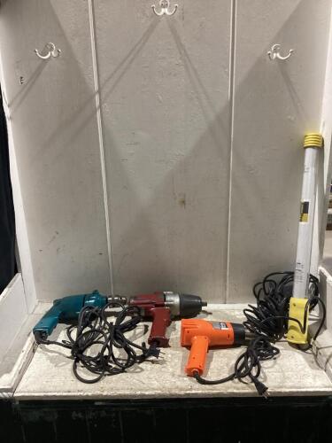 SHOP BOX OF CORDED TOOLS W/ (2) DRILLS, HEAT GUN & WORK-LIGHT BAR