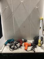 SHOP BOX OF CORDED TOOLS W/ (2) DRILLS, HEAT GUN & WORK-LIGHT BAR