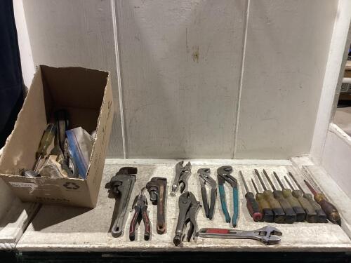 SHOP BOX W/ WRENCHES, PILERS & SCREWDRIVERS