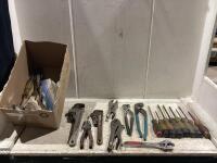 SHOP BOX W/ WRENCHES, PILERS & SCREWDRIVERS