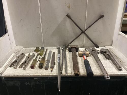 SHOP BOX W/ FILES, WRENCHES, HAMMERS, PILERS & MISCELLANEOUS