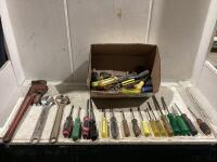 SHOP BOX OF MIXED SCREWDRIVERS & WRENCHES