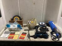 SHOP CRATE W/ CUT-OFF WHEELS, ANGLE GRINDER, LENS, GOGGLES,P & MISCELLANEOUS