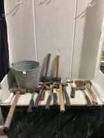 SHOP PAIL OF MIXED HAMMERS & HATCHETS