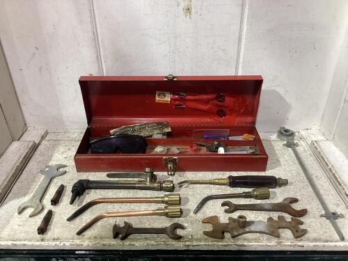TOOL BOX W/ SATEFY GLASSES, TORCH ATTACHMENTS & MISCELLANEOUS