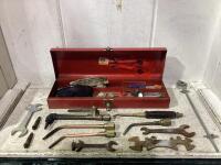 TOOL BOX W/ SATEFY GLASSES, TORCH ATTACHMENTS & MISCELLANEOUS