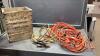 RED HEAD MOTOR OIL WOOD CRATE W/EXTENSION CORDS + BOOSTER CABLES