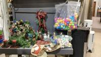 BLUE TOTE W/CHRISTMAS + EASTER DECOR ITEMS