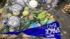 BLUE TOTE W/CHRISTMAS + EASTER DECOR ITEMS - 7