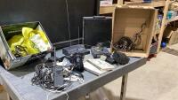 (2)BOXES - POLICE SCANNER, CB RECEIVER + HAND HELD RADIO, ASSORTED CORDS, PARTIAL VINTAGE BAR SET
