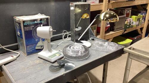 (2) ITEMS - FAN + DESK LAMP - BOTH UNUSED + NEED PROPER ASSEMBLING