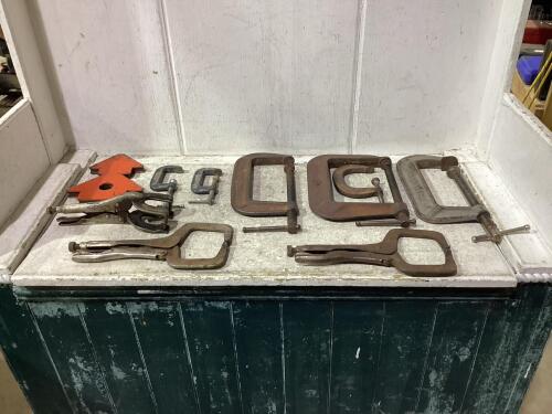 SHOP FLAT OF MIXED ANTIQUE CLAMPS & MISCELLANEOUS