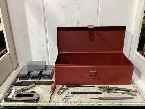 TOOL BOX OF MISCELLANEOUS W/ STAPLER, VISE-GRIPS, PLASTIC ORGANIZERS & KNIFE