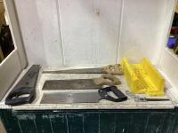 MITRE BOX W/ (5) MIXED HAND SAWS