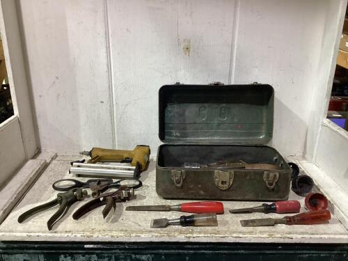 TOOL BOX W/ CHISELS, BRAD NAILER, HOLE SAW BITS & MISCELLANEOUS